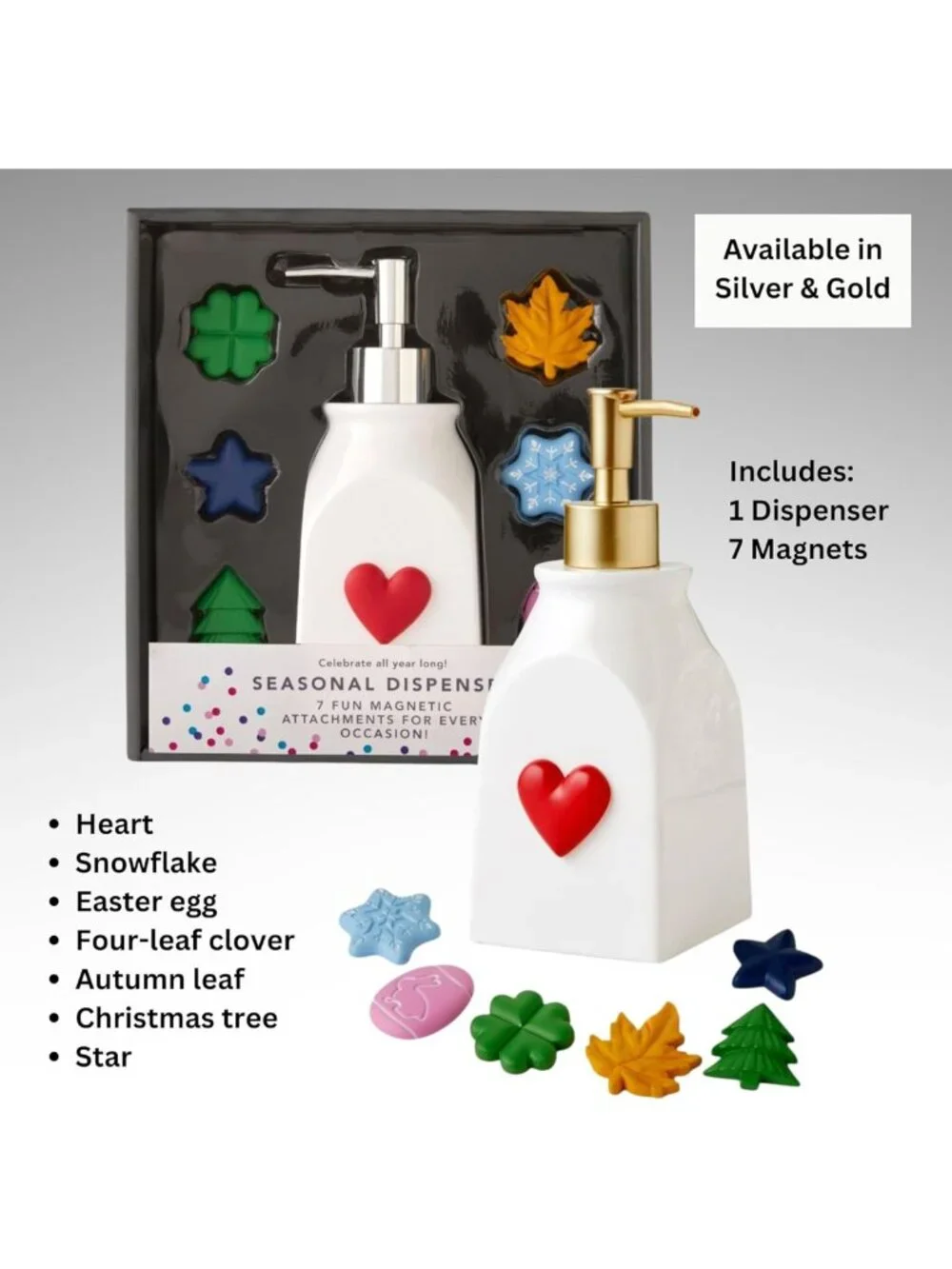 Seasonal Soap & Lotion Dispenser Set with 7 Magnetic Holiday Attachments